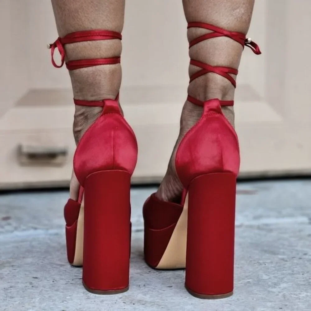 Womens Satin Platform Chunky Lace Up Heels Red Color